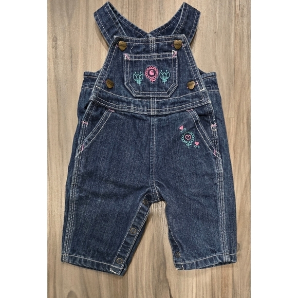 Baby Girl Carhartt Denim Overalls 3 Months Floral Embroidered Snap Closure - Picture 1 of 5